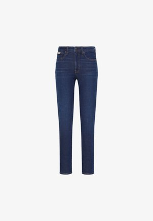 Jeans blu scuro in denim, con vestibilità slim, design a cinque tasche, chiusura frontale con bottoni e cuciture arancioni discrete.