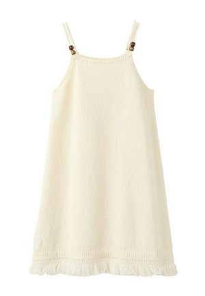 Vestito senza maniche color crema con spalline sottili arricchite da perline di legno e orlo con frange.