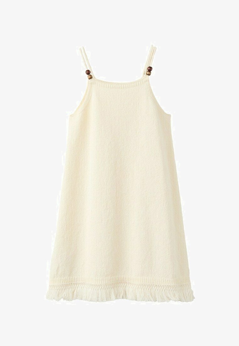 Robe sans manches couleur crème avec fines bretelles ornées de perles en bois et ourlet à franges.