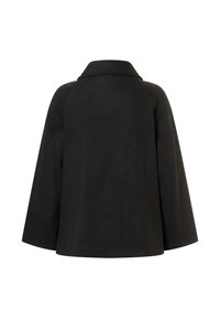 Zwarte wollen blend jas met een brede kraag en raglanmouwen. Het ontwerp is gestructureerd met een strakke silhouet en zonder zichtbare sluitingen.