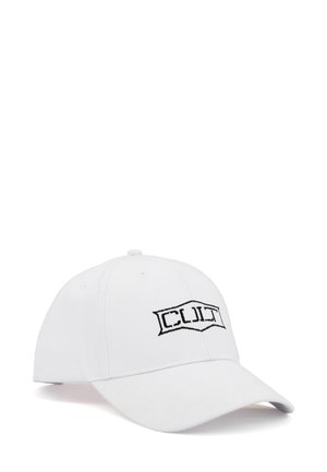 Cappellino bianco in cotone, con visiera curva, logo frontale ricamato in nero e cinturino regolabile sul retro per una vestibilità personalizzata.