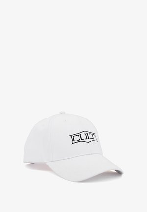 Cappellino bianco in cotone, con visiera curva, logo frontale ricamato in nero e cinturino regolabile sul retro per una vestibilità personalizzata.