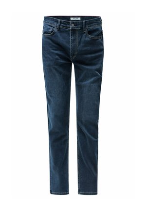 Jeans de mezclilla azul oscuro con un corte ajustado, que presentan un diseño estándar de cinco bolsillos, costuras sutiles y un cierre de botón en la cintura.