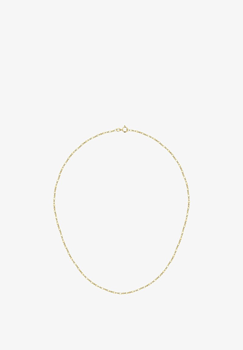 Guldkæde, der har et delikat sammenlåst design med en rund lås, glat tekstur og en standard længde til halsudskæringen.