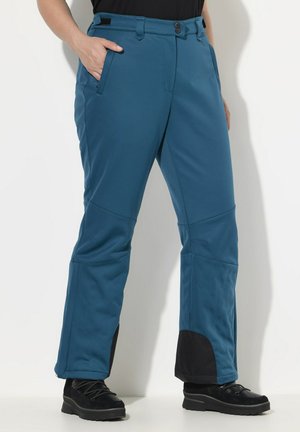 Blå softshell bukser med en tætsiddende design og sorte detaljer ved anklerne. Funktioner inkluderer sidelommer og knaplukning.