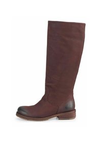 Botte montante jusqu'au genou en cuir marron avec un bout arrondi, une tige texturée et un petit talon empilé. Présente un accent lisse et plus foncé au niveau du bout.