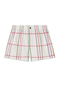 Witte geruite shorts met rode, groene en blauwe lijnen, voorzien van een elastische tailleband en een enkele knoopsluiting. Van katoen.