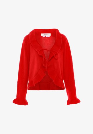 Red cardigan featuring a ribbed collar, tie closure, and ruffled front hem. Long sleeves with ruffled cuffs. Soft, textured knit fabric.