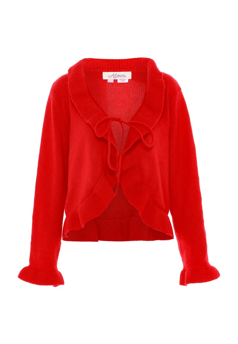 Cardigan rosso con colletto a costine, chiusura a cravatta e orlo anteriore arricciato. Maniche lunghe con polsini arricciati. Tessuto a maglia morbido e testurizzato.