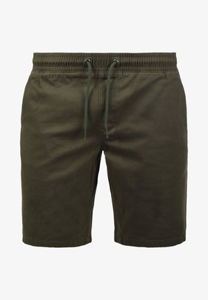 Pantaloncini casual da uomo verde scuro con vita elastica e coulisse, lunghezza al ginocchio, realizzati in tessuto leggero.