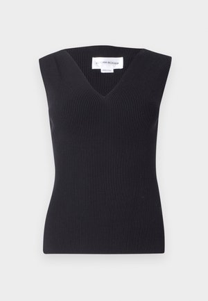 Schwarzes, geripptes, ärmelloses Top mit tiefem V-Ausschnitt, figurbetonter Passform und strukturiertem Stoff. Das Etikett lautet "Victoria Beckham."