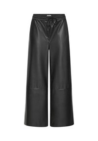 Culotte nere in similpelle con elastico in vita e coulisse regolabile. Presentano gambe larghe che terminano sopra le caviglie con una texture liscia.