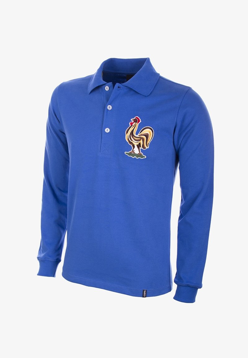 Lange mouwen blauwe polo shirt van katoen, met een geborduurd haan op de linkerkant van de borst in gedetailleerde kleuren en een drie-knops sluiting.