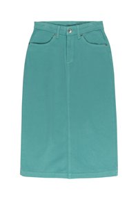 Turquoise spijkerrok met een middellange snit, voorzien van twee voorkruiszakken, een voorste knoopsluiting en gedurfde stikdetails.