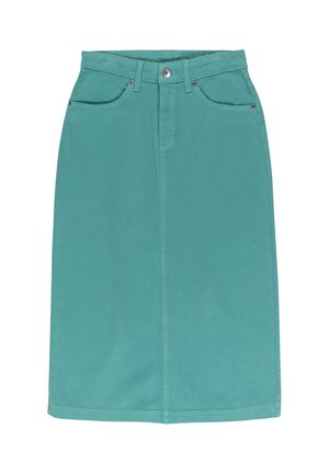 Turquoise spijkerrok met een middellange snit, voorzien van twee voorkruiszakken, een voorste knoopsluiting en gedurfde stikdetails.