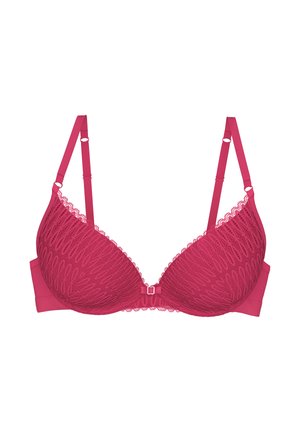 Roze kanten bh met een patroon en gladde cups, voorzien van verstelbare bandjes, beugel en een decoratieve strik in het midden.