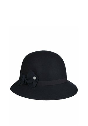 Black cloche hat with a rounded crown, narrow brim, and decorative fabric bow with a small metal button on the side.