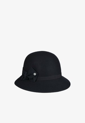 Black cloche hat with a rounded crown, narrow brim, and decorative fabric bow with a small metal button on the side.