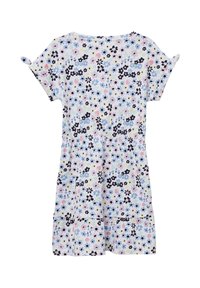 Robe fleurie à manches courtes, taille élastique et jupe à volants. Présente un motif floral multicolore sur un fond pastel léger.
