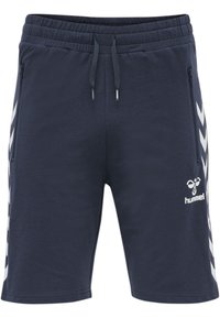 Pantalones cortos de color navy hechos de una mezcla de algodón, con cinturilla elástica, cordón, bolsillos con cremallera en los laterales y patrones en forma de chevron blancos a los lados.