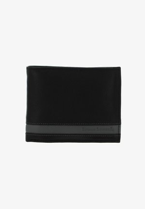 Portefeuille en cuir noir avec une finition texturée, comportant une bande d'accent grise et des coutures blanches. Comprend un marquage en relief d'un côté.