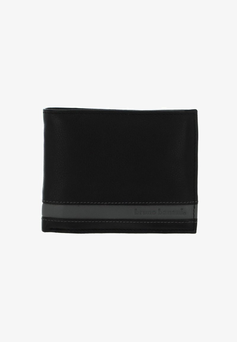 Black leather wallet with a textured finish, featuring a gray accent band and white stitching. Includes embossed branding on one side.