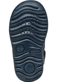 Blue rubber sole with wavy texture, featuring air holes for breathability. Markings include "GEOX," "FLEXY," "Italian Patent," and "Softly Cushioned."