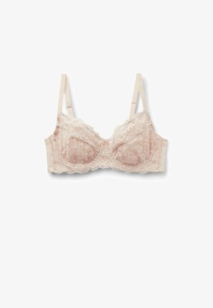 Beiger Spitzen-BH mit verstellbaren Trägern, Bügelunterstützung und floralem Muster, flach auf weißem Hintergrund liegend.