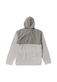 Hooded sweatshirt with a gray fleece lower section and gray nylon upper section. Features a smooth texture and standard long sleeves.