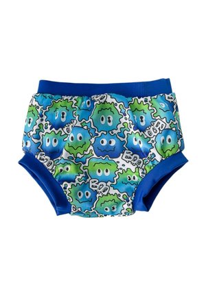 Mutande da addestramento riutilizzabili con un elastico blu. Presentano un motivo colorato di personaggi dei cartoni animati verdi e blu su uno sfondo bianco.
