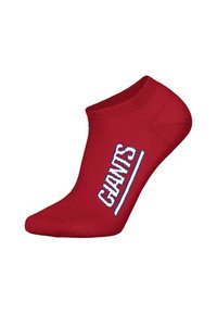 Rote Knöchelsocke aus Baumwolle mit weißem und blauem Text "GIANTS" an der Seite. Glatte Textur mit einem gerippten Bündchen für zusätzlichen Komfort.