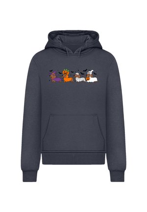 Navy hoodie featuring a printed design of cartoon dogs in Halloween costumes, including a witch, pumpkin, and mummy, with bats in the background.