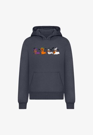 Navy hoodie featuring a printed design of cartoon dogs in Halloween costumes, including a witch, pumpkin, and mummy, with bats in the background.