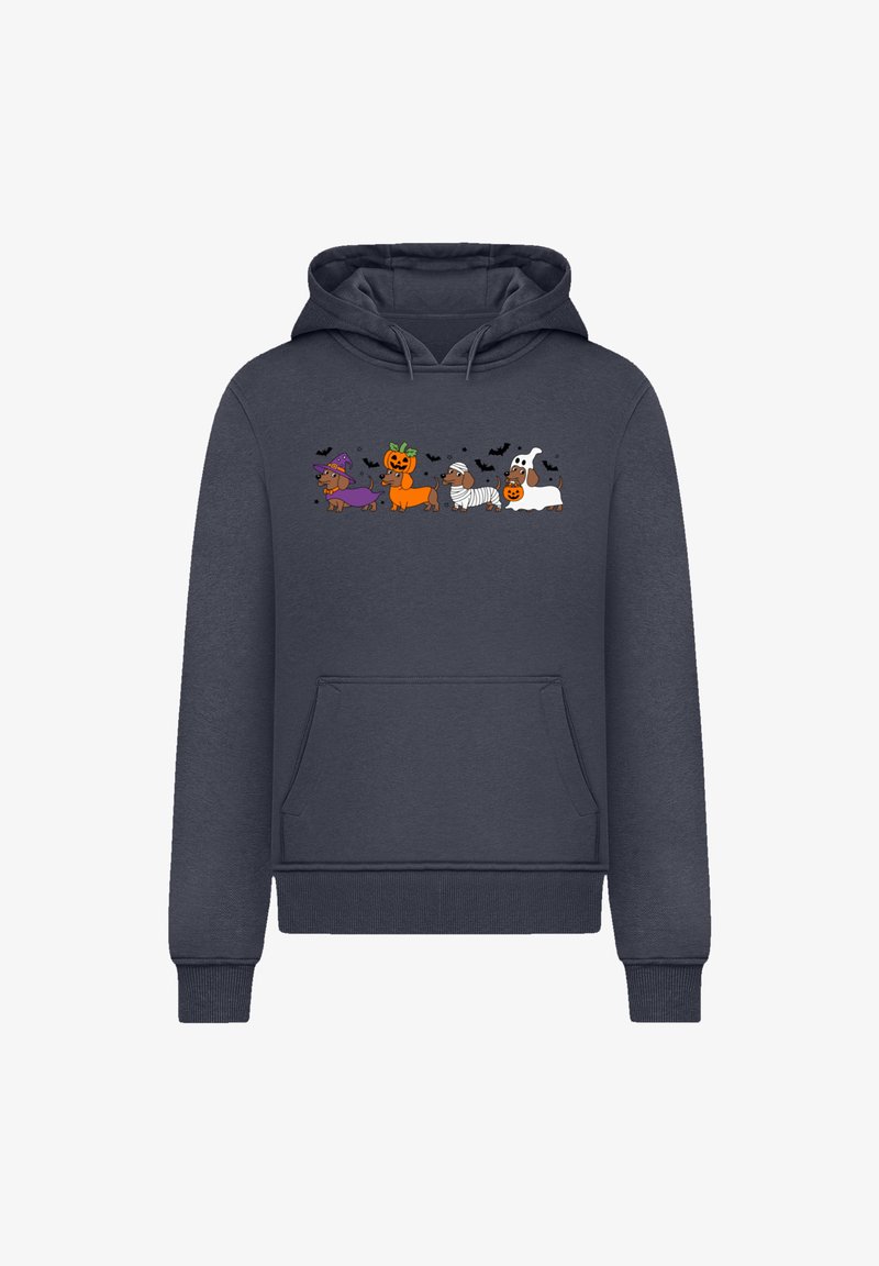 Navy hoodie featuring a printed design of cartoon dogs in Halloween costumes, including a witch, pumpkin, and mummy, with bats in the background.