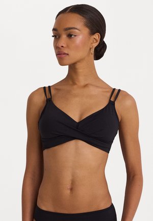 Top de bikini negro con un diseño frontal cruzado, tirantes delgados ajustables y una textura suave. Estilo minimalista con una silueta limpia.