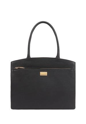 Zwarte leren tote bag met een gladde textuur, voorzien van twee stevige handvatten en een ritsvak aan de voorkant, met gouden accenten.