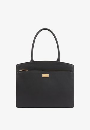 Zwarte leren tote bag met een gladde textuur, voorzien van twee stevige handvatten en een ritsvak aan de voorkant, met gouden accenten.