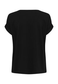 Top nero a maniche corte con una vestibilità comoda, scollatura tonda e polsini arrotolati. Tessuto liscio e design semplice senza motivi o decorazioni.