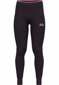 Marineblaue Leggings mit horizontalen roten Streifen, die ein enganliegendes Design aufweisen und ein Logo am Unterschenkel haben. Hergestellt aus dehnbarem Material.
