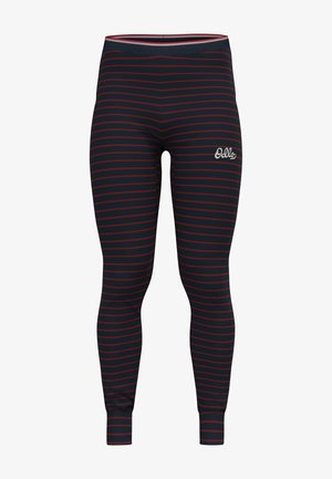 Mariene leggings met horizontale rode strepen, met een getailleerd ontwerp en een logo op het onderbeen. Gemaakt van rekbaar materiaal.