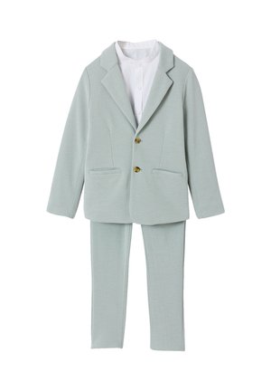 Light green tailored blazer and matching pants set over a white button-up shirt with stand-up collar, displayed flat on white background.