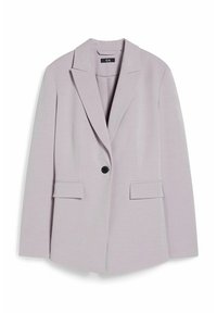 Jasnolawendowy żakiet z teksturowanej tkaniny, z pojedynczym czarnym zapięciem na guzik, klapami i dwoma przednimi kieszeniami.