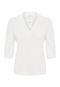 Camicia bianca a V con maniche tre quarti, caratterizzata da una vestibilità comoda e un tessuto morbido. Il colletto presenta un design classico con dettagli di cucitura sottili.