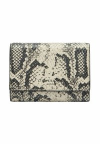 Czarnobiały portfel w zwierzęcy wzór węża z teksturowanej sztucznej skóry, z klapką na zakładkę i tłoczonym logo z przodu.
