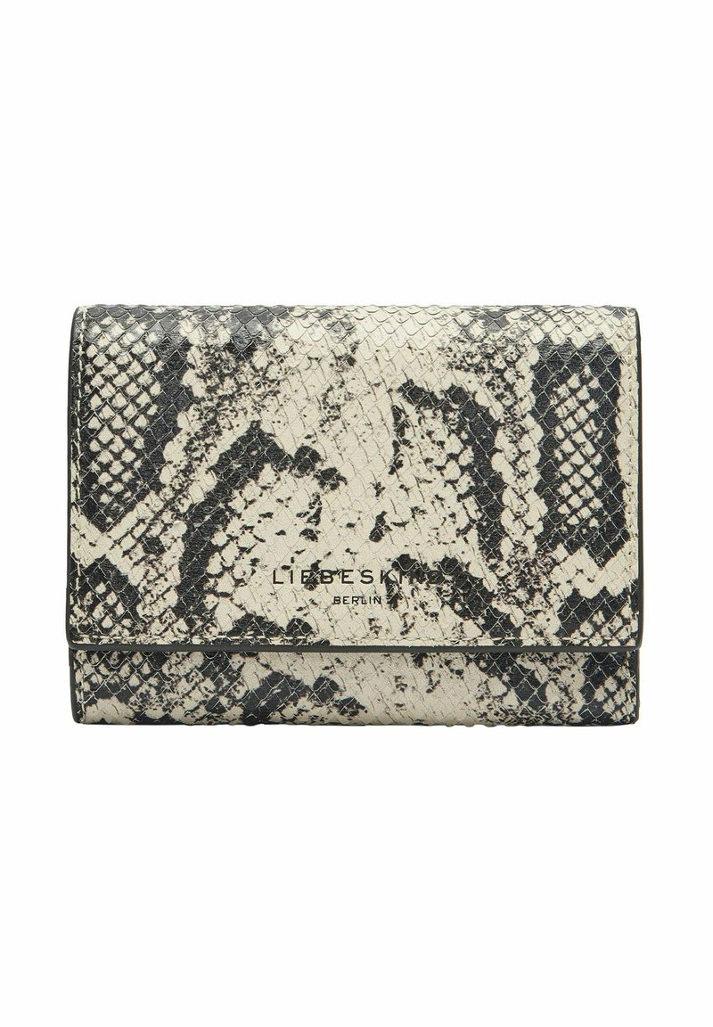 Czarnobiały portfel w zwierzęcy wzór węża z teksturowanej sztucznej skóry, z klapką na zakładkę i tłoczonym logo z przodu.