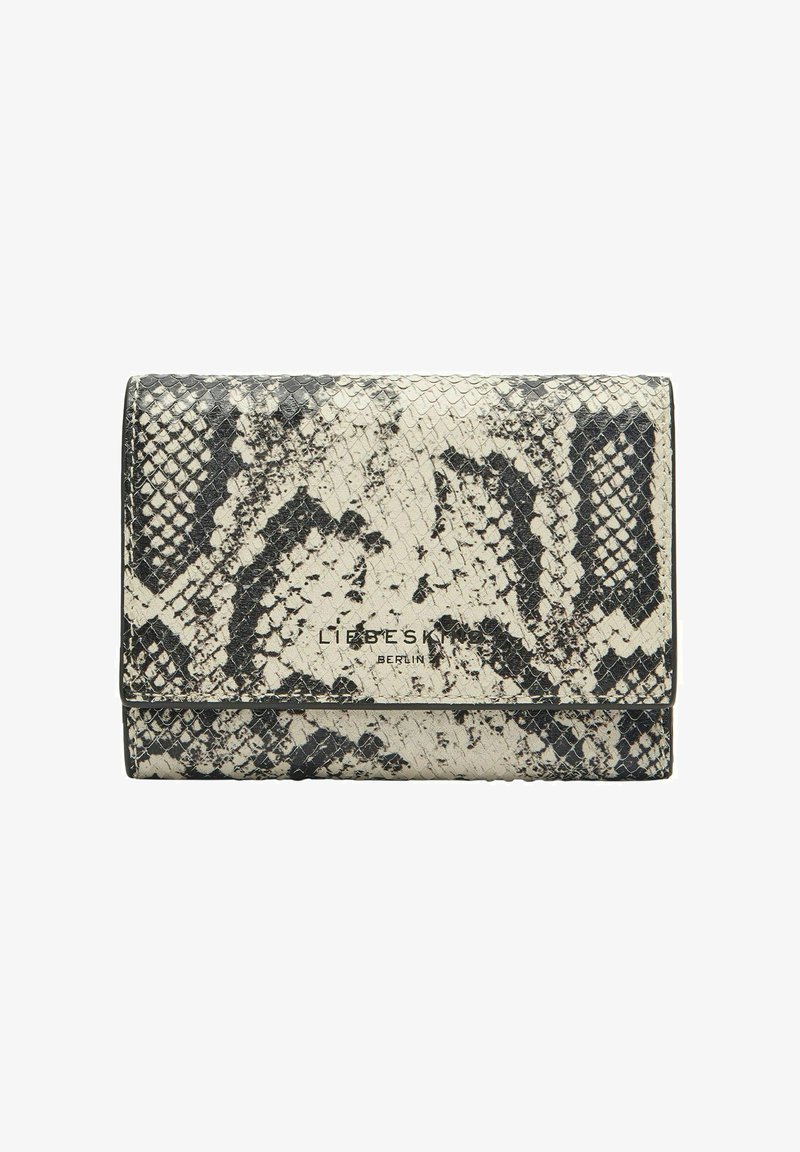 Czarnobiały portfel w zwierzęcy wzór węża z teksturowanej sztucznej skóry, z klapką na zakładkę i tłoczonym logo z przodu.