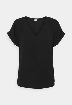 Black short-sleeve blouse with a V-neck and rolled cuffs, displayed against a plain light background.