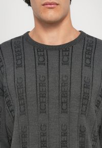 Szary sweter dzianinowy z teksturowanymi pionowymi wzorami, z wypukłym napisem "ICEBERG" w ciemniejszym odcieniu szarości, klasyczny okrągły dekolt.