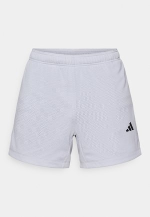 White, mesh athletic shorts with an elastic waistband. Features black adidas logo on the lower right side. Breathable fabric and knee-length design.