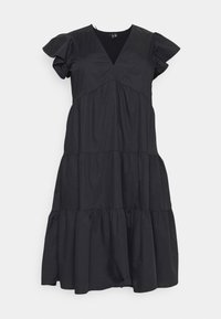 Black cotton dress with a V-neck, short ruffled sleeves, and tiered, flowy hemline. Smooth texture without patterns or hardware details.
